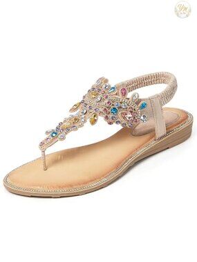 Women Rhinestone Flat Sandals Elastic T-Strap Faux Leather Comfortable Summer